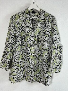 Carole Little Woman Linen Floral Print Button Down Shirt Top Size 1X Green Black